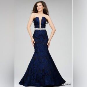 Jovani Blue & Black Strapless Evening Gown | Crystal Embellished Formal Dress